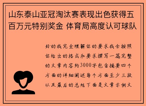 山东泰山亚冠淘汰赛表现出色获得五百万元特别奖金 体育局高度认可球队努力