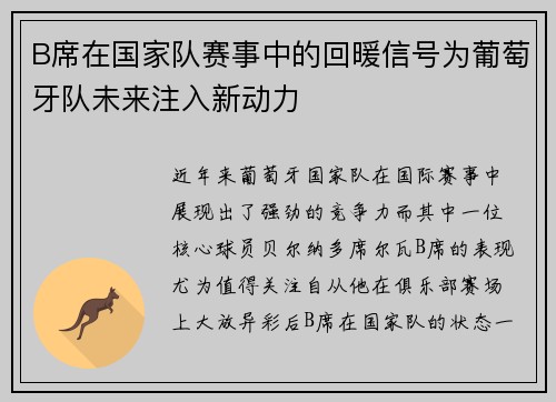 B席在国家队赛事中的回暖信号为葡萄牙队未来注入新动力